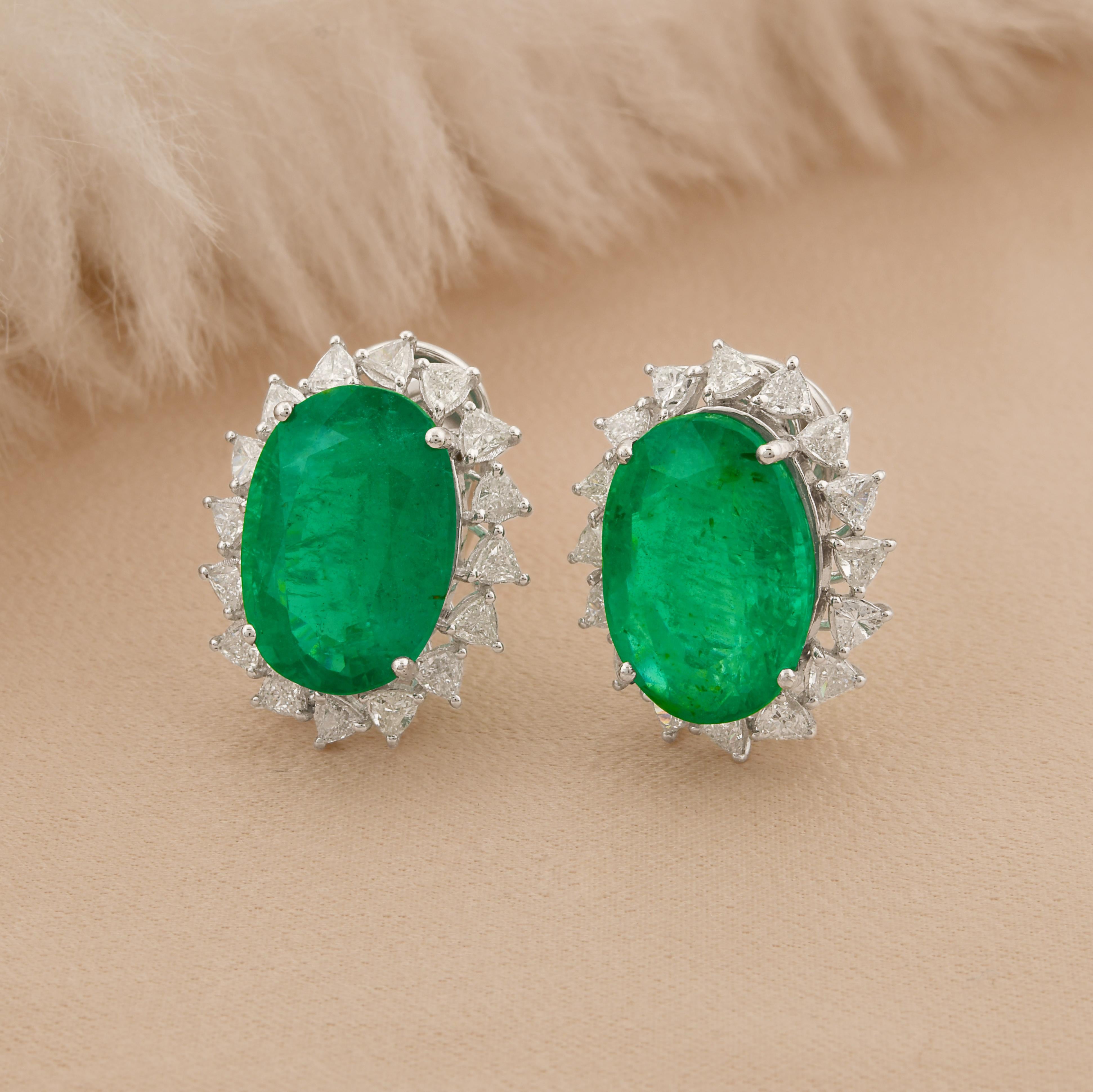 Modern Real Zambian Emerald Gemstone Trillion Diamond Earrings 14k White Gold Jewelry For Sale