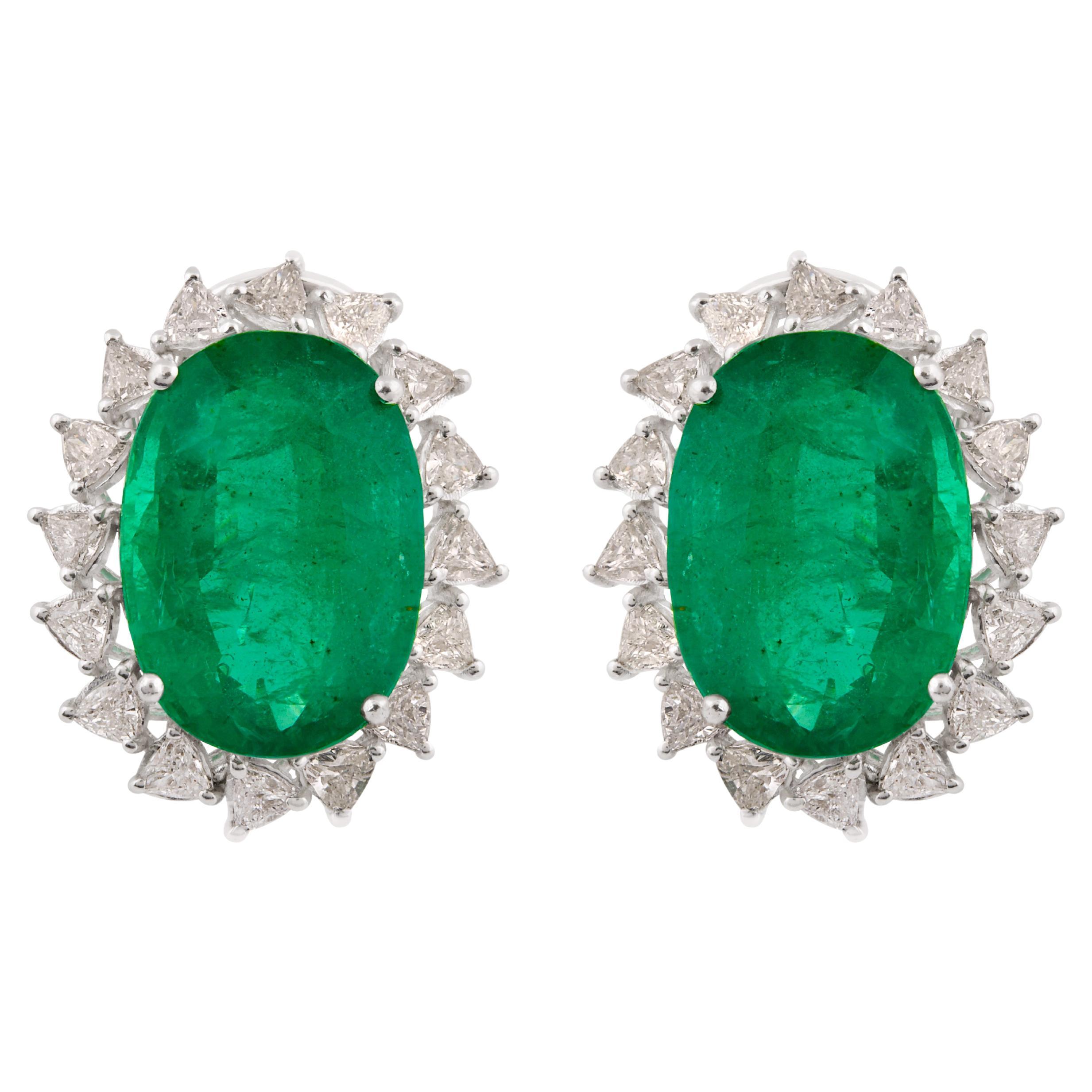 Real Zambian Emerald Gemstone Trillion Diamond Earrings 14k White Gold Jewelry For Sale