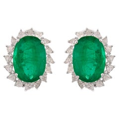 Real Zambian Emerald Gemstone Trillion Diamond Earrings 14k White Gold Jewelry