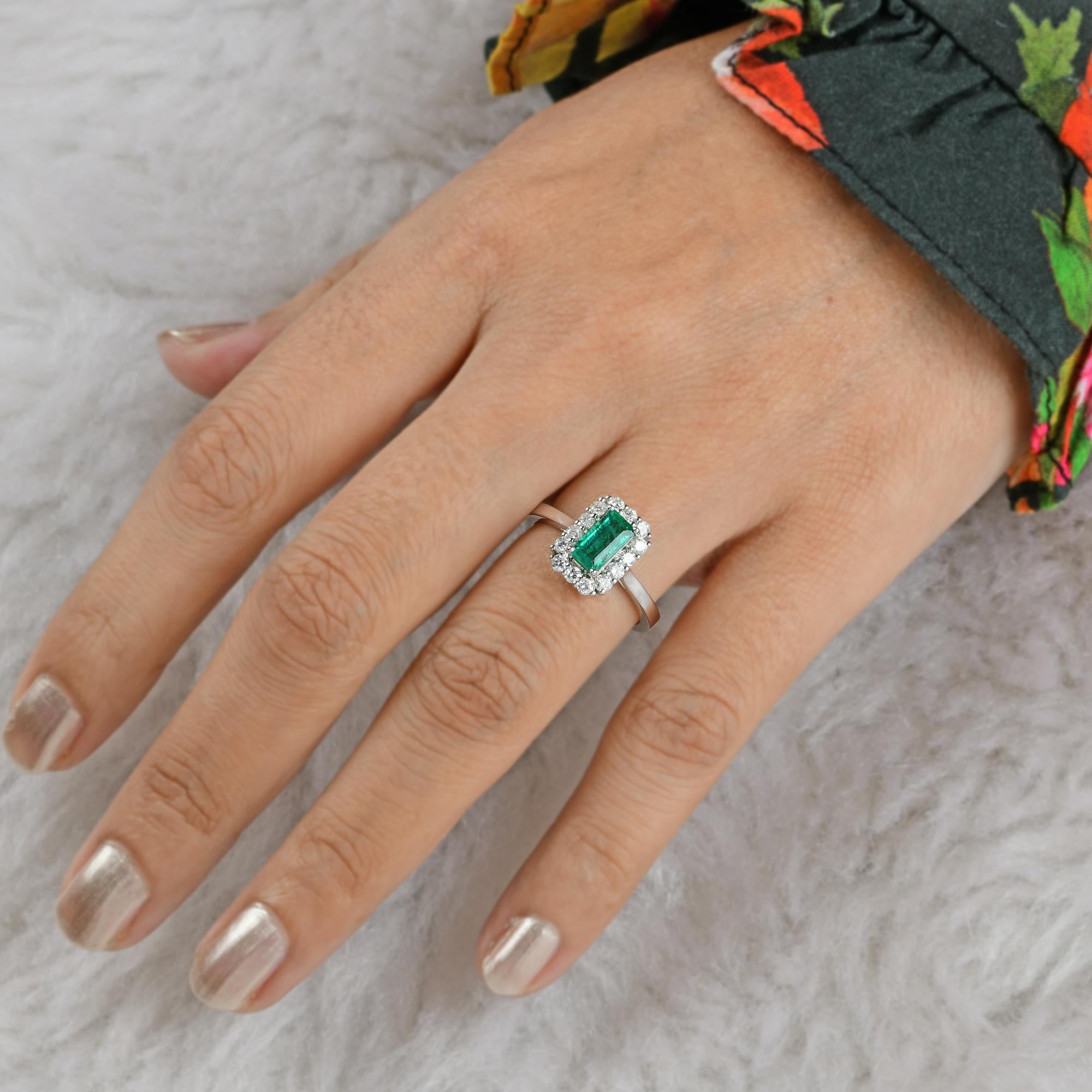 Baguette Cut Natural Emerald Gemstone Wedding Ring Diamond 18 Karat White Gold Fine Jewelry For Sale