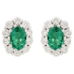 Zambian Emerald Halo Diamond Oval Stud Earrings 14 Karat White Gold