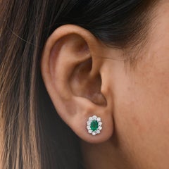 Zambian Emerald Halo Diamond Oval Stud Earrings 18 Karat White Gold