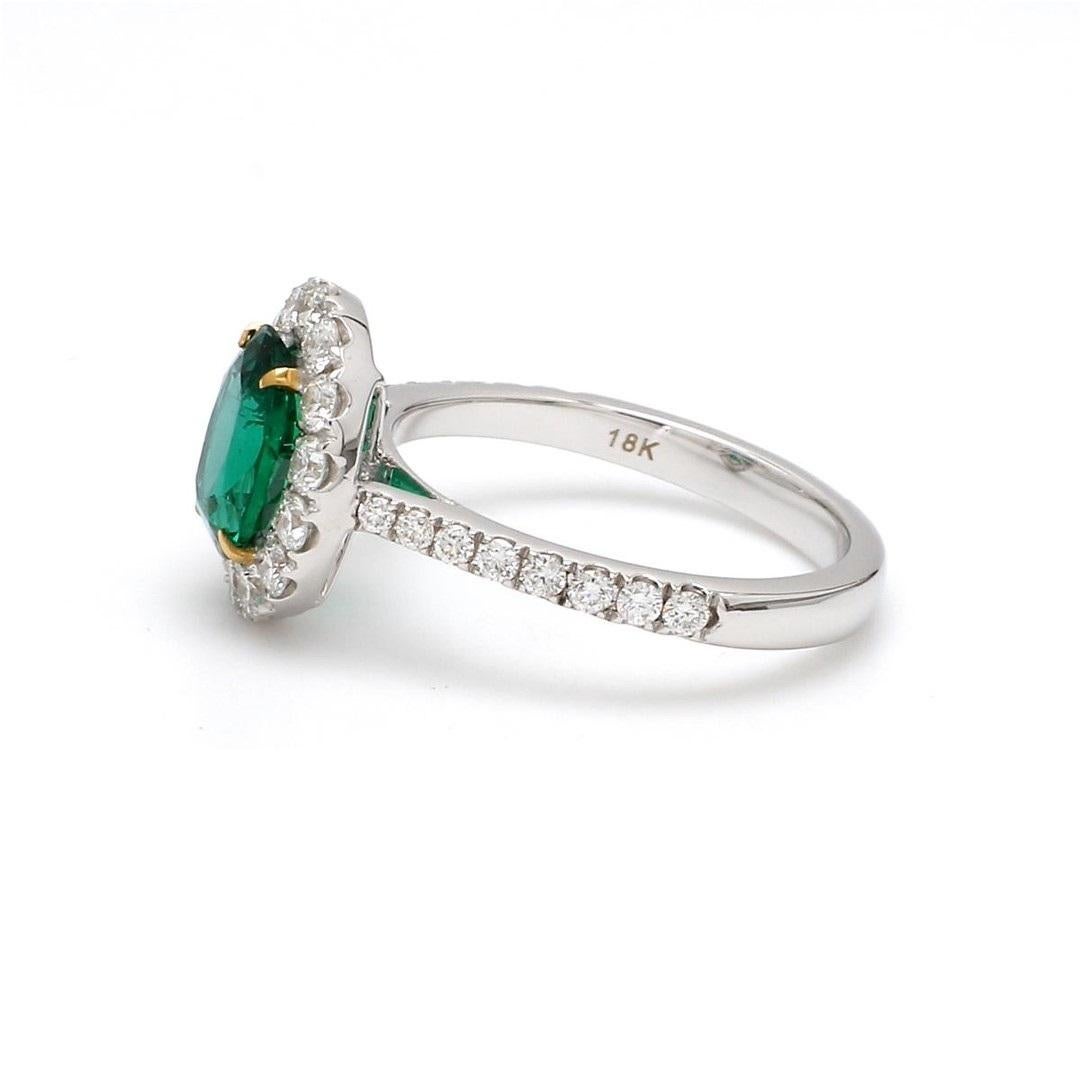 Oval Cut 18 Karat White Gold Zambian Emerald Halo Diamond Ring For Sale