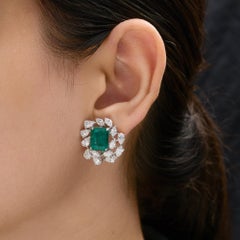 Zambian Emerald Halo Diamond Stud Earrings 18k White Gold Fine Wedding Jewelry