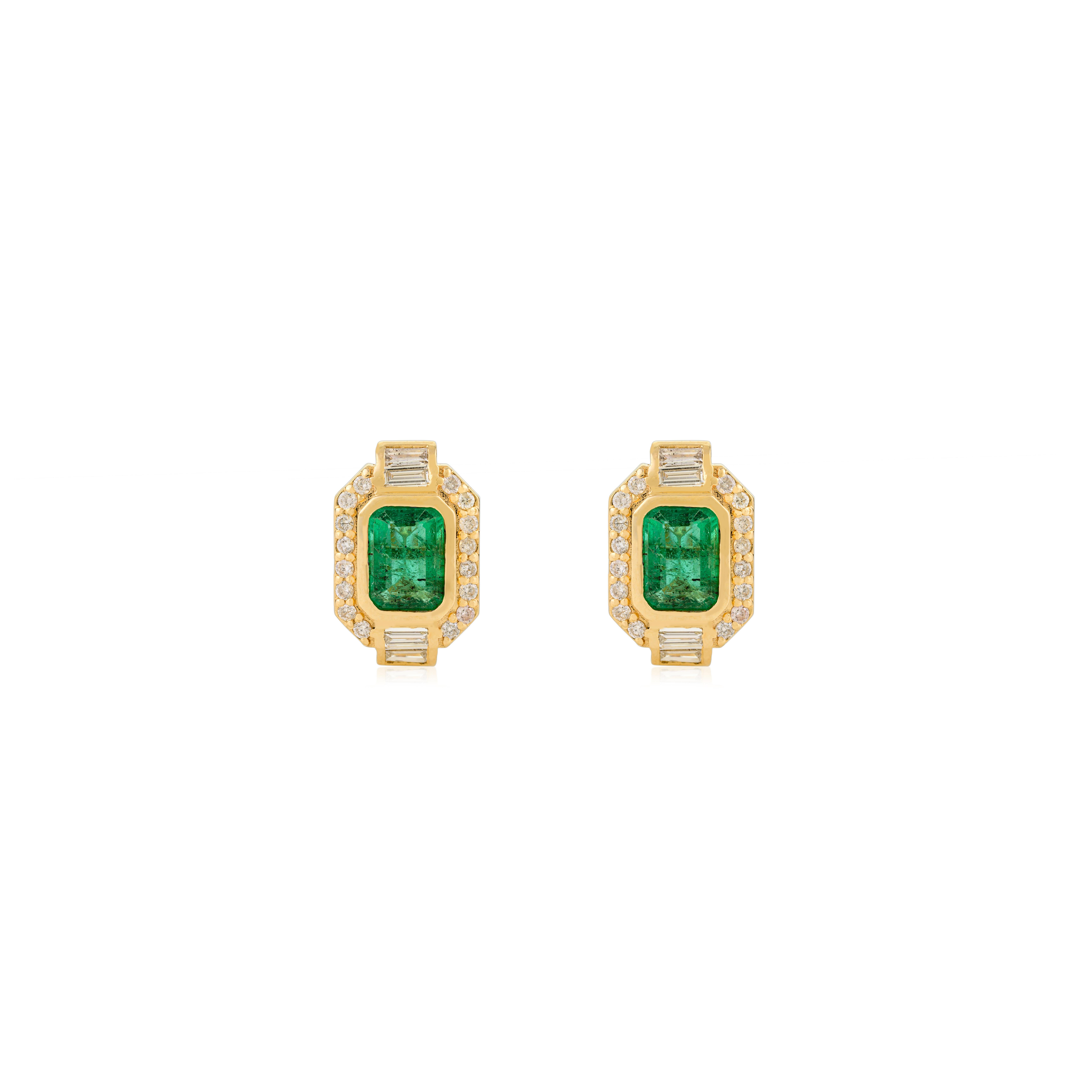 Art Deco Zambian Emerald Halo Stud Earrings with Baguette & Round Diamond 18k Yellow Gold For Sale