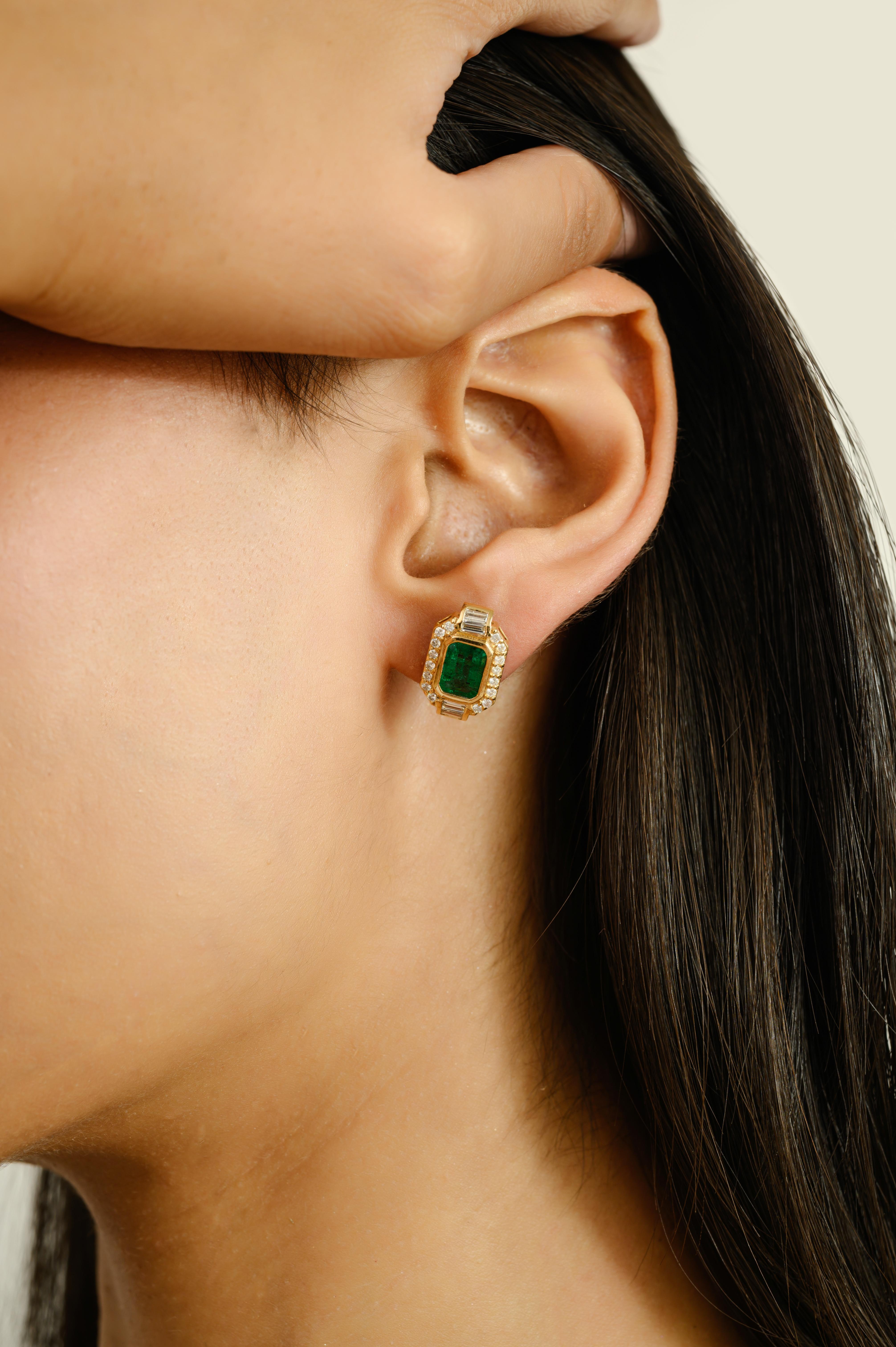 Octagon Cut Zambian Emerald Halo Stud Earrings with Baguette & Round Diamond 18k Yellow Gold For Sale