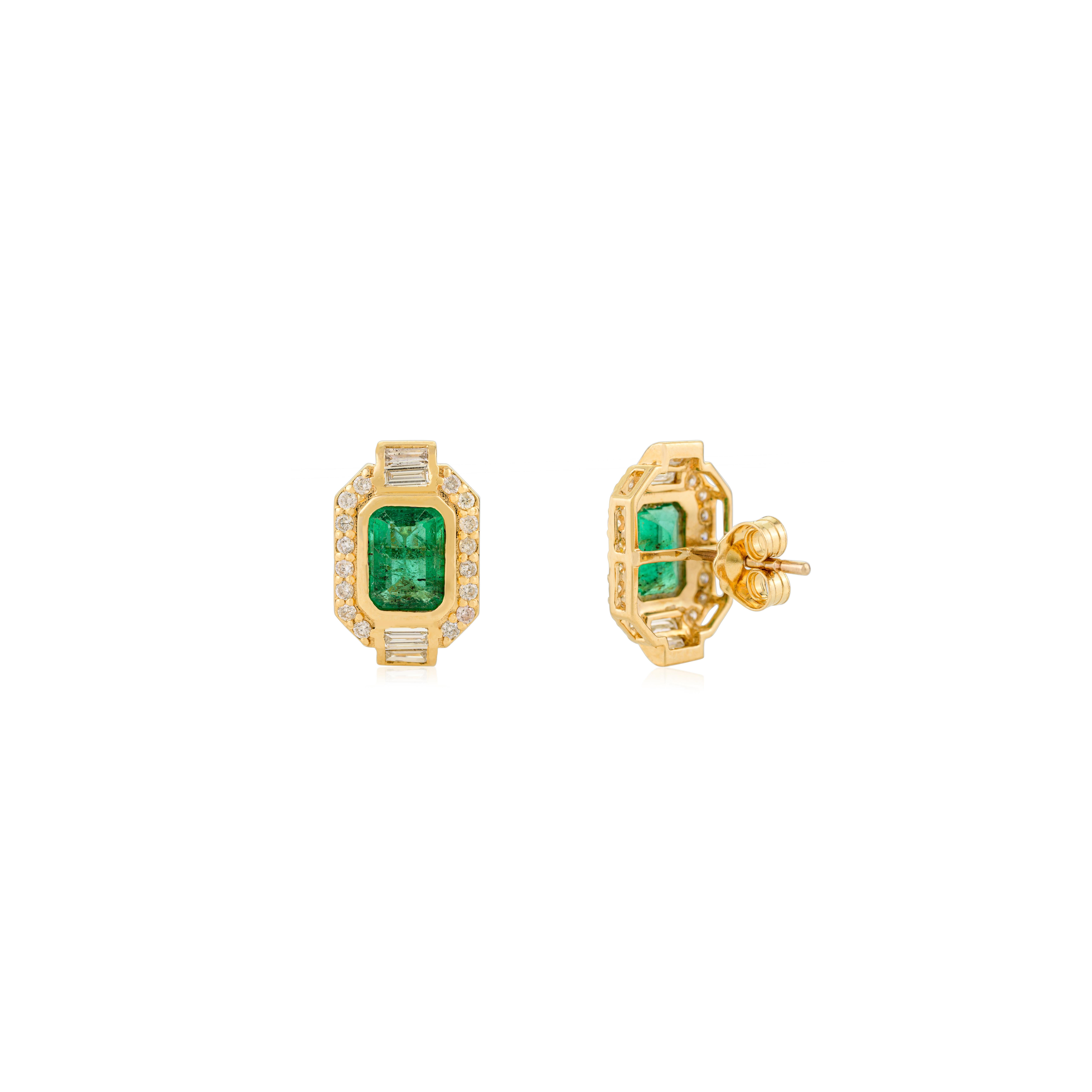 Zambian Emerald Halo Stud Earrings with Baguette & Round Diamond 18k Yellow Gold For Sale 1