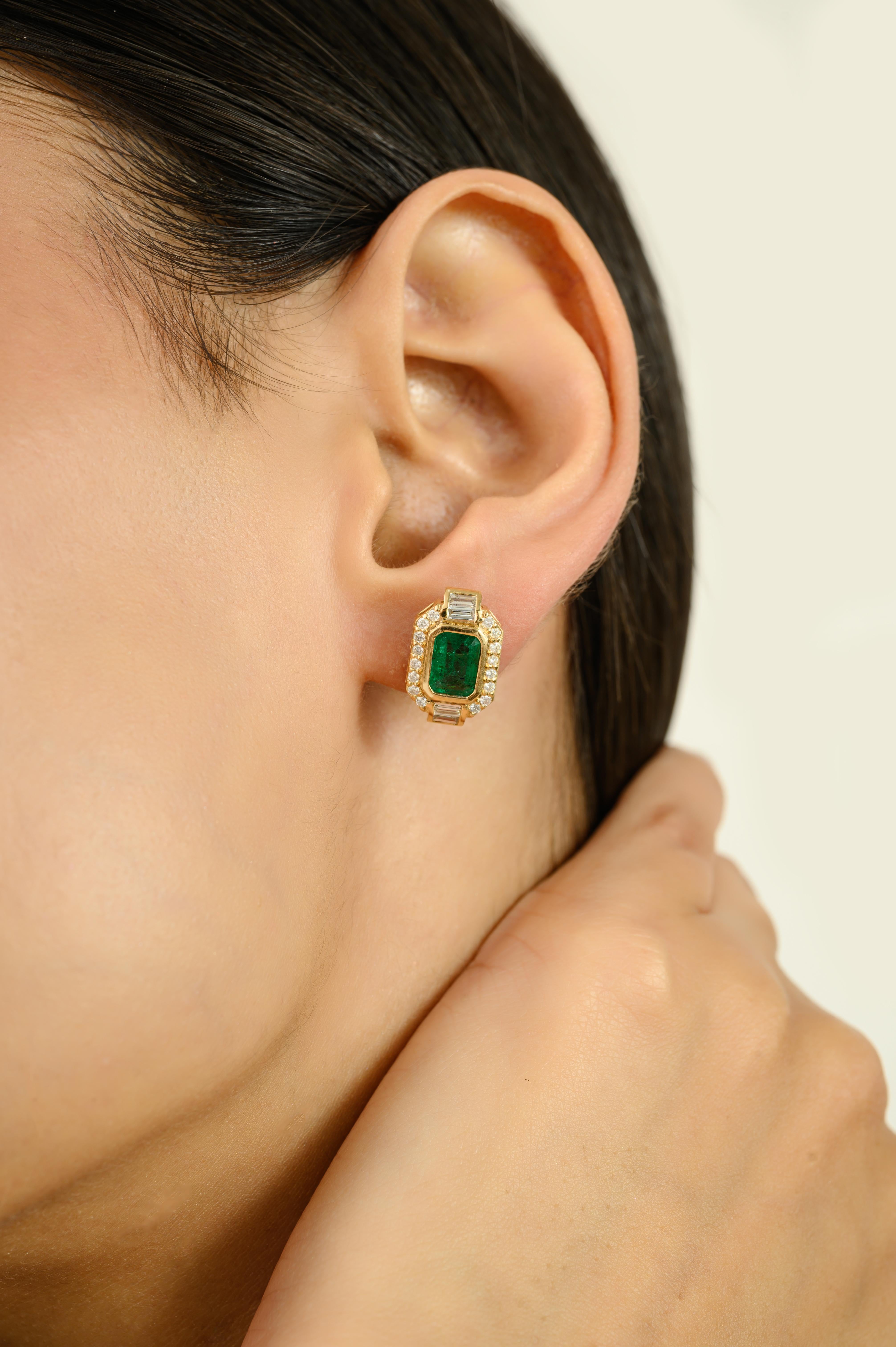 Zambian Emerald Halo Stud Earrings with Baguette & Round Diamond 18k Yellow Gold For Sale 2
