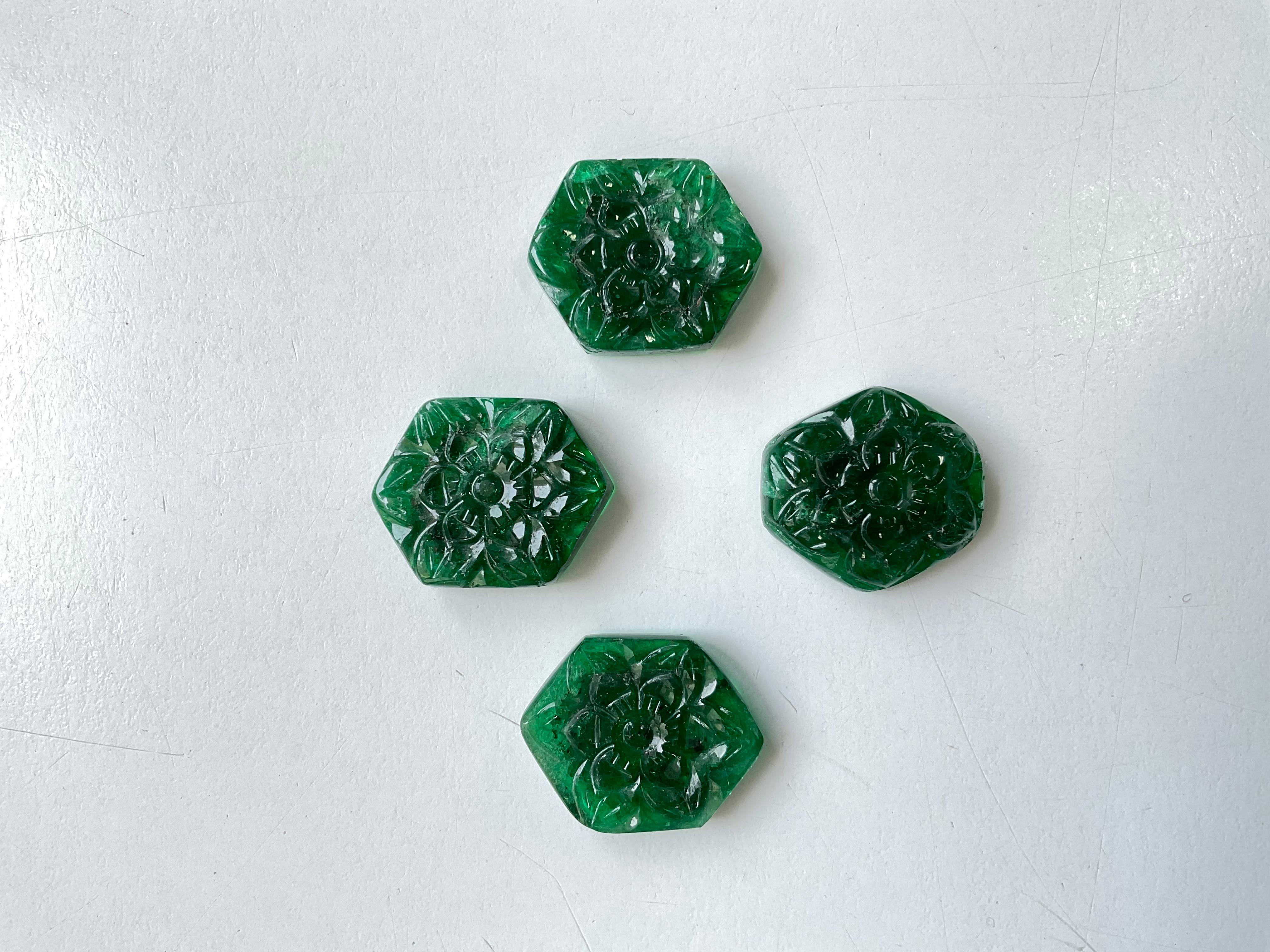 Weight: 77.20 Carats
Size: 20x22 To 23x18 MM
Pieces: 4
Shape: Carved Fancy Hexagon Cabochon
