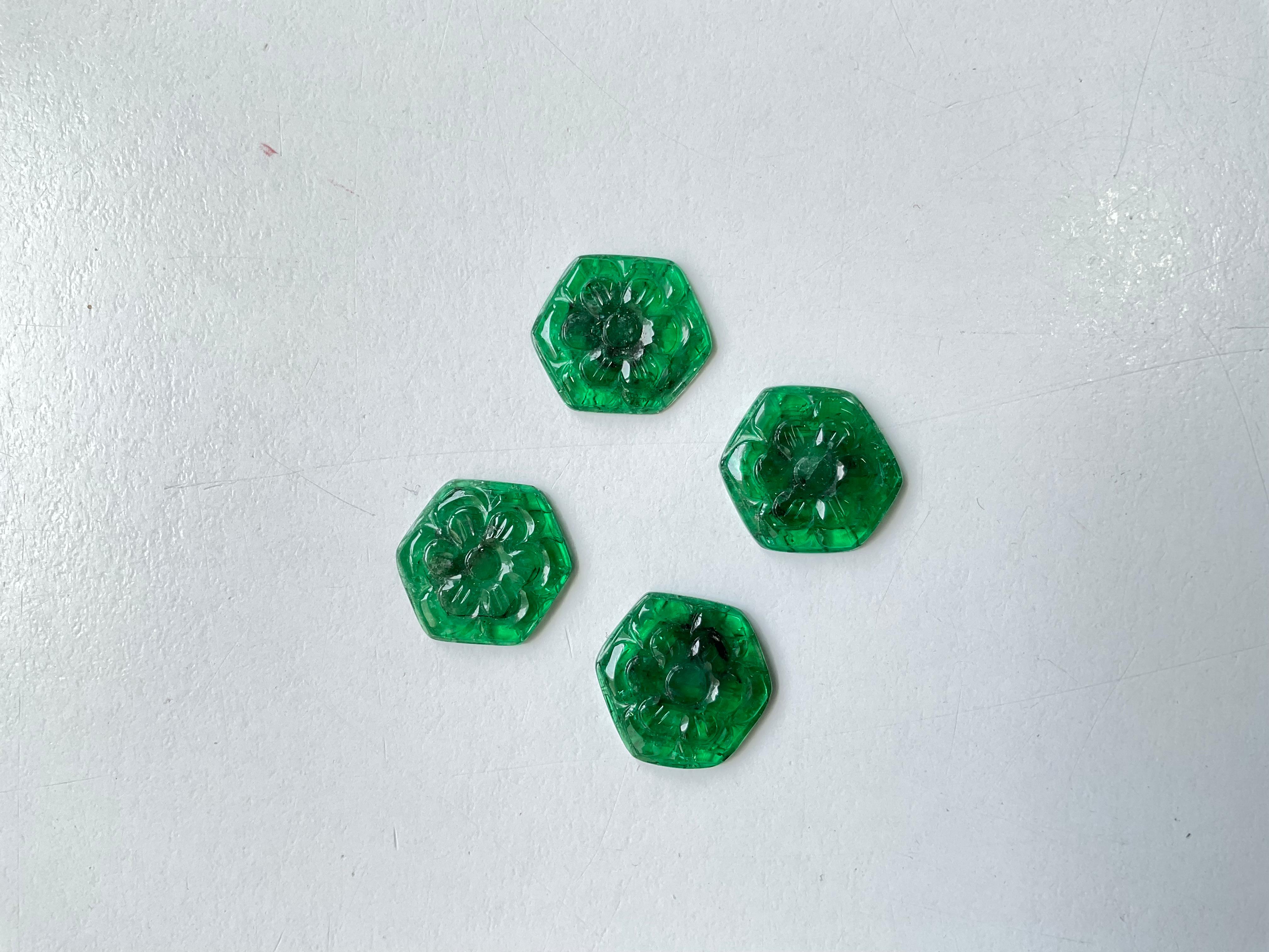 Art Deco Zambian Emerald Hexagon Carved Fancy Cabochon Loose Gemstone for Jewelry For Sale