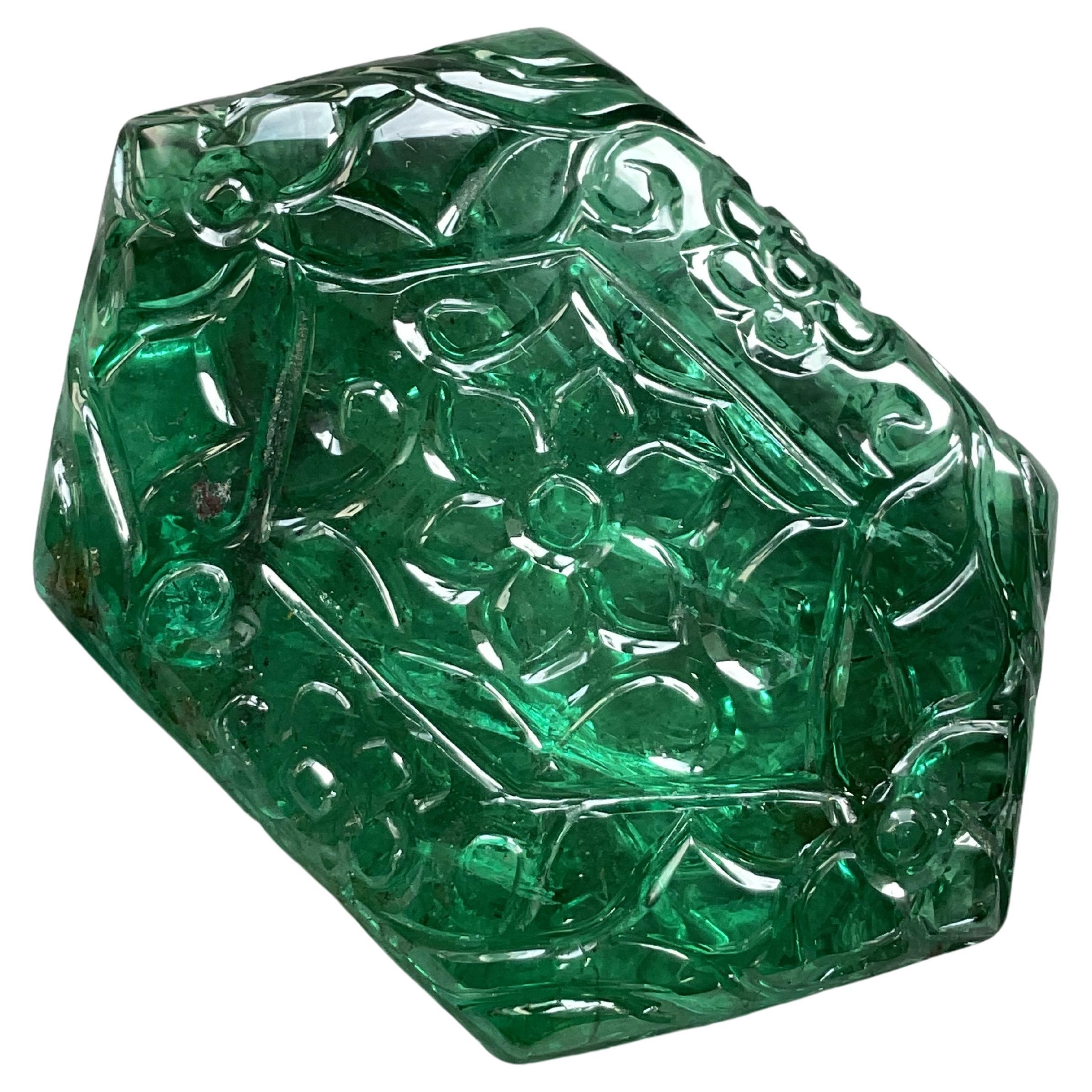 Zambian Emerald Hexagon Carved Gem Quality High Jewelry Gemstone 83.3 Carats For Sale
