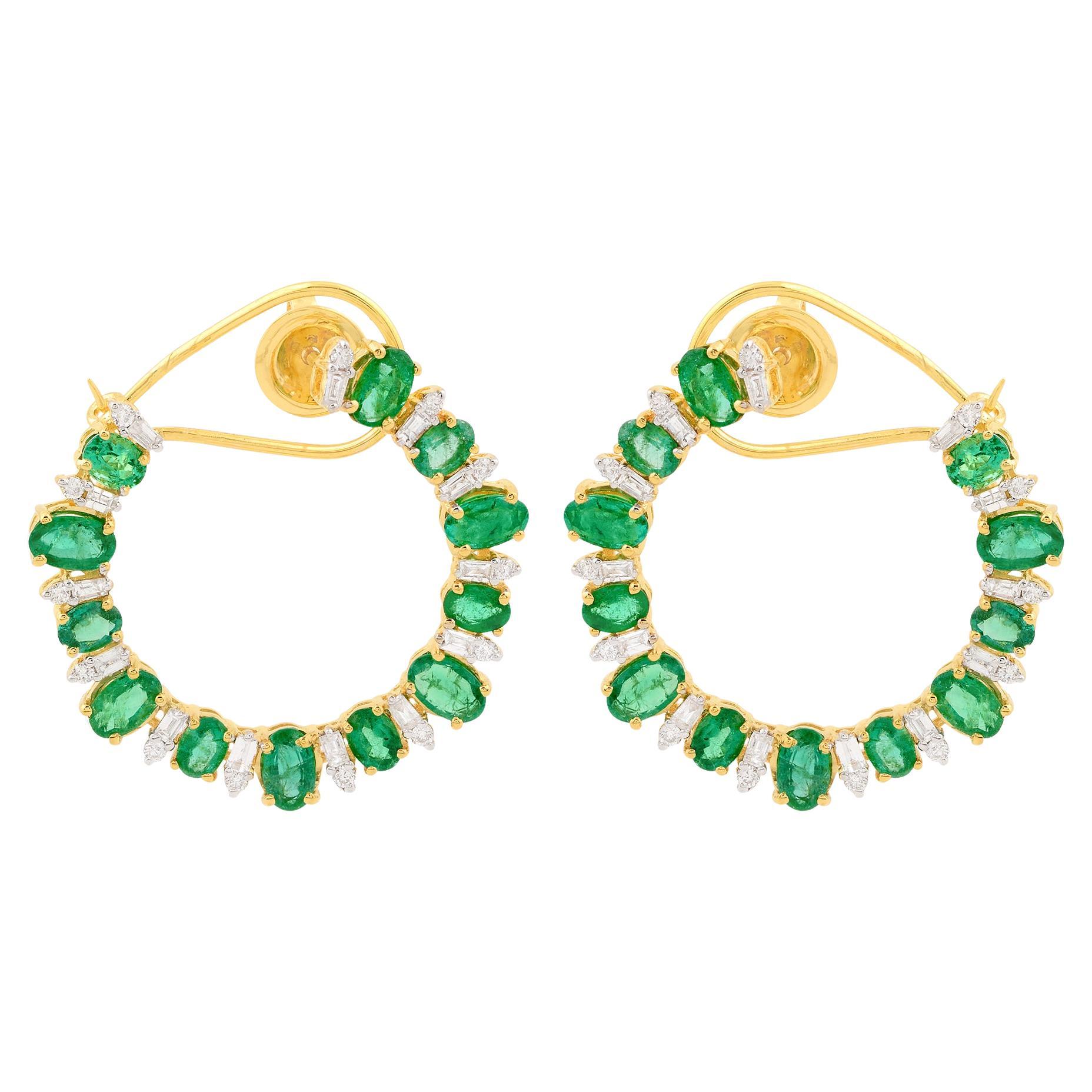 Natural Emerald Hoop Earrings SI Clarity HI Color Diamond Pave 18k Yellow Gold