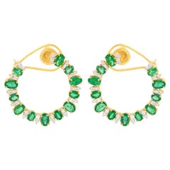 Natural Emerald Hoop Earrings SI Clarity HI Color Diamond Pave 18k Yellow Gold