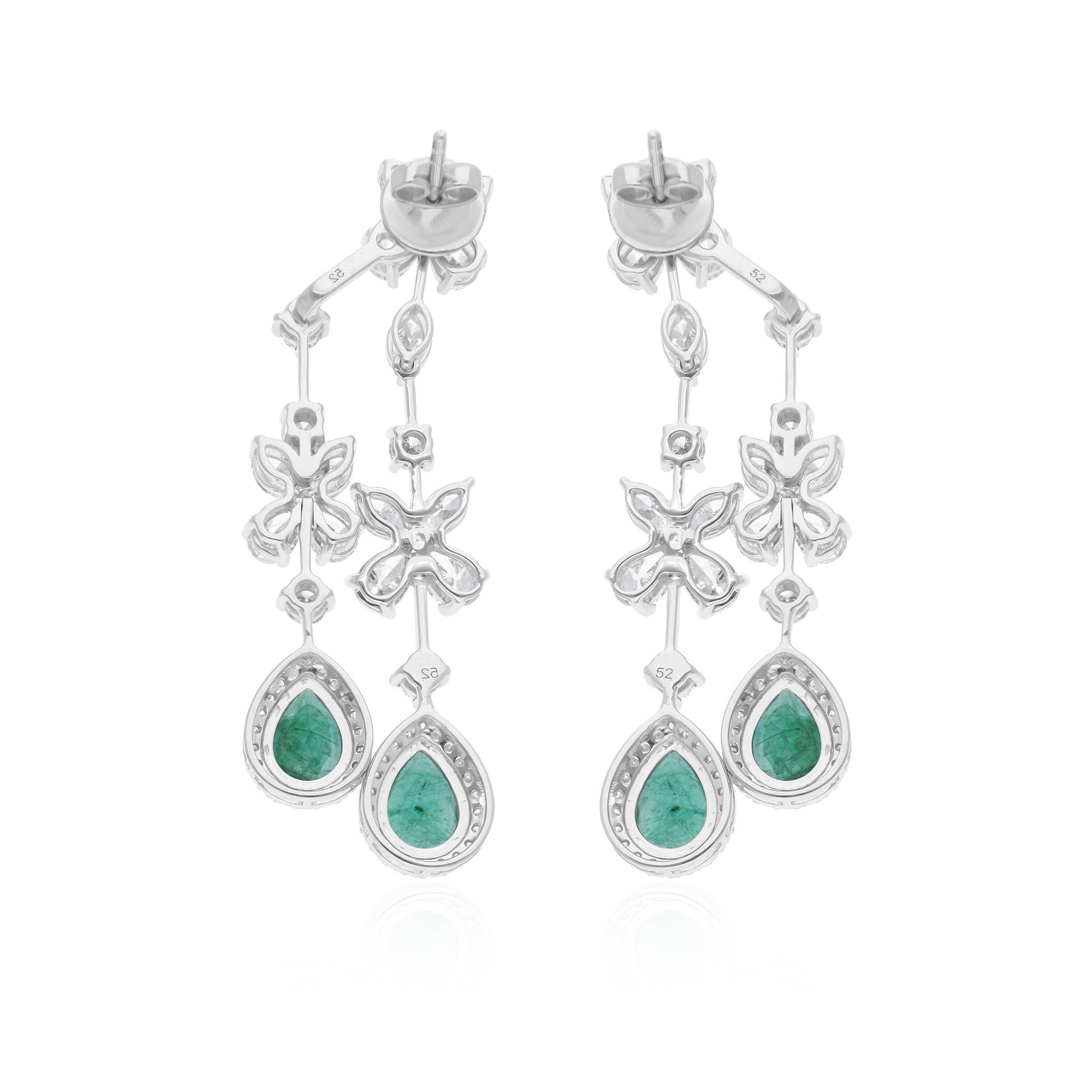 Modern Zambian Emerald Jacket Earrings SI Clarity HI Color Diamond 14 Karat White Gold For Sale
