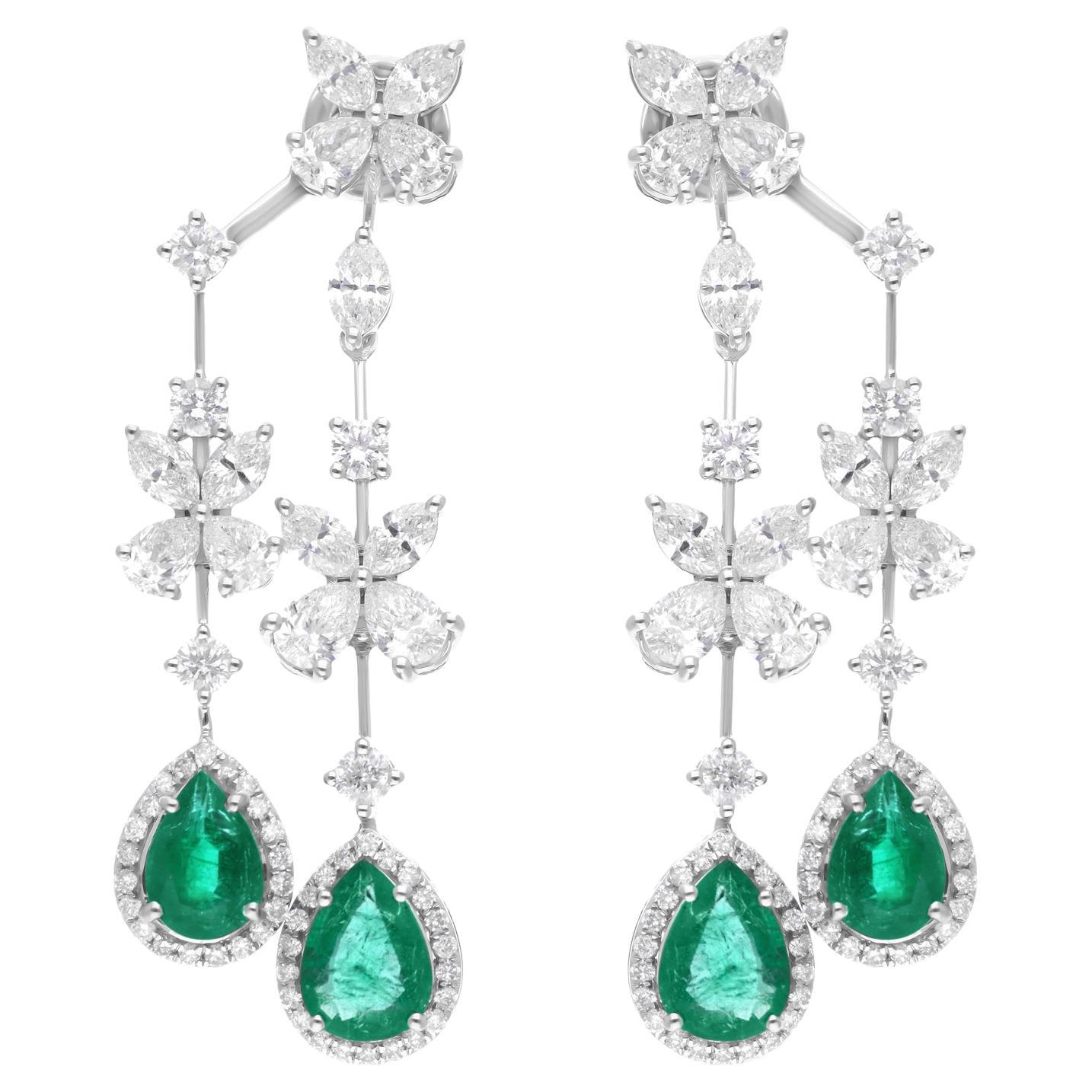 Zambian Emerald Jacket Earrings SI Clarity HI Color Diamond 14 Karat White Gold