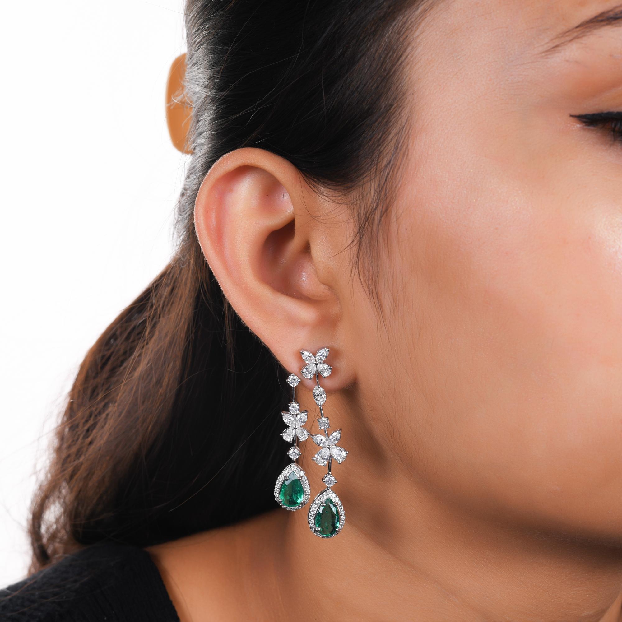 Modern Zambian Emerald Jacket Earrings SI Clarity HI Color Diamond 18 Karat White Gold For Sale