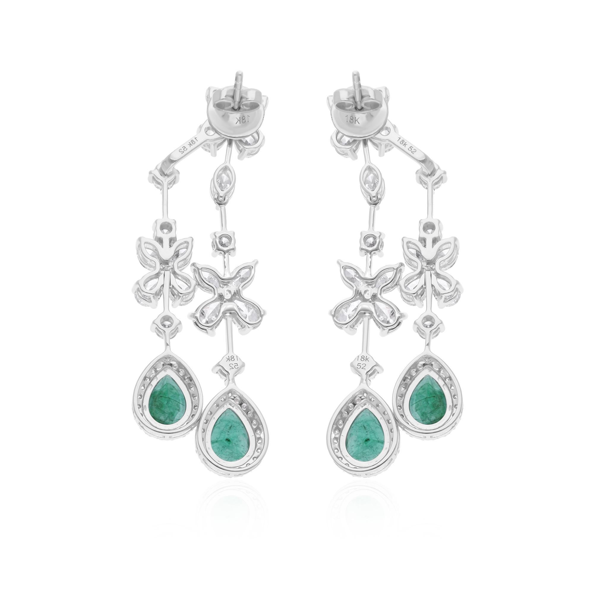 Women's Zambian Emerald Jacket Earrings SI Clarity HI Color Diamond 18 Karat White Gold For Sale