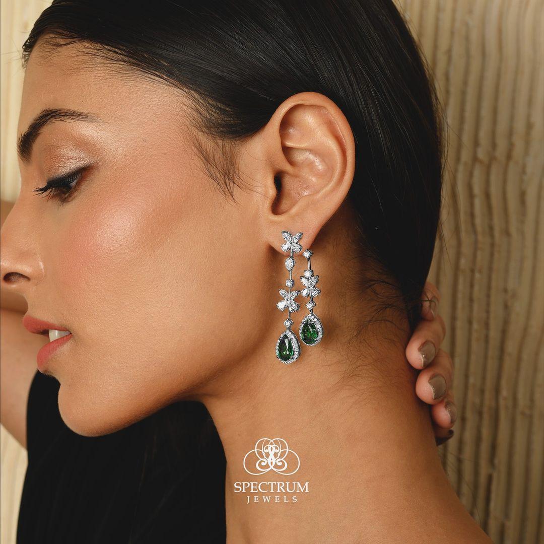 Zambian Emerald Jacket Earrings SI Clarity HI Color Diamond 18 Karat White Gold For Sale 2