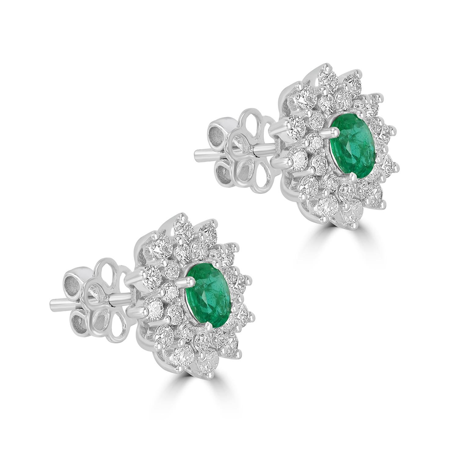 Sambischer Smaragd Minimal Ohrstecker mit Diamanten besetzt aus 18k Weißgold (Art déco) im Angebot
