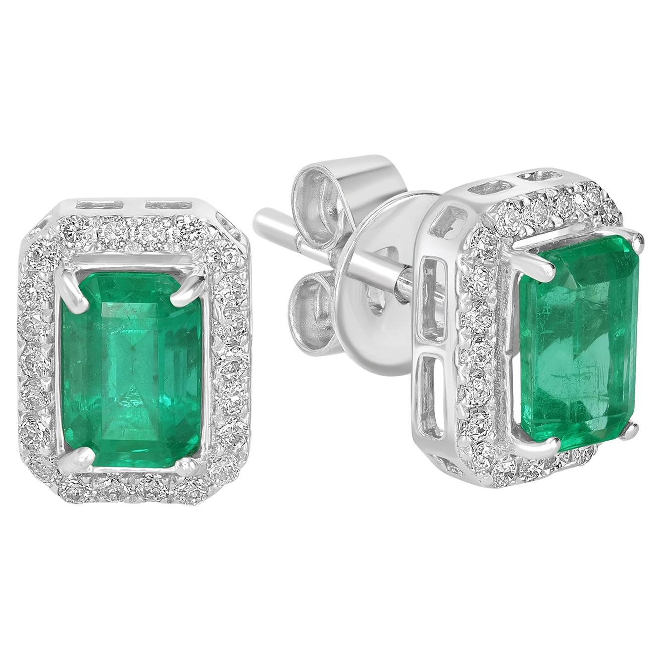 Zambian Emerald Minimal Studs Studded With Diamonds Made in 18k White Gold For Sale