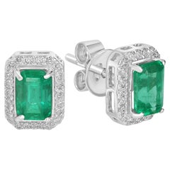 Zambian Emerald Minimal Studs Studded With Diamonds Made in 18k White Gold