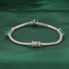 Zambian Emerald Natural Diamond Tennis Bracelet 18K White Gold Jewelry