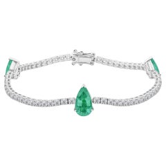 Zambian Emerald Natural Diamond Tennis Bracelet 18K White Gold Jewelry