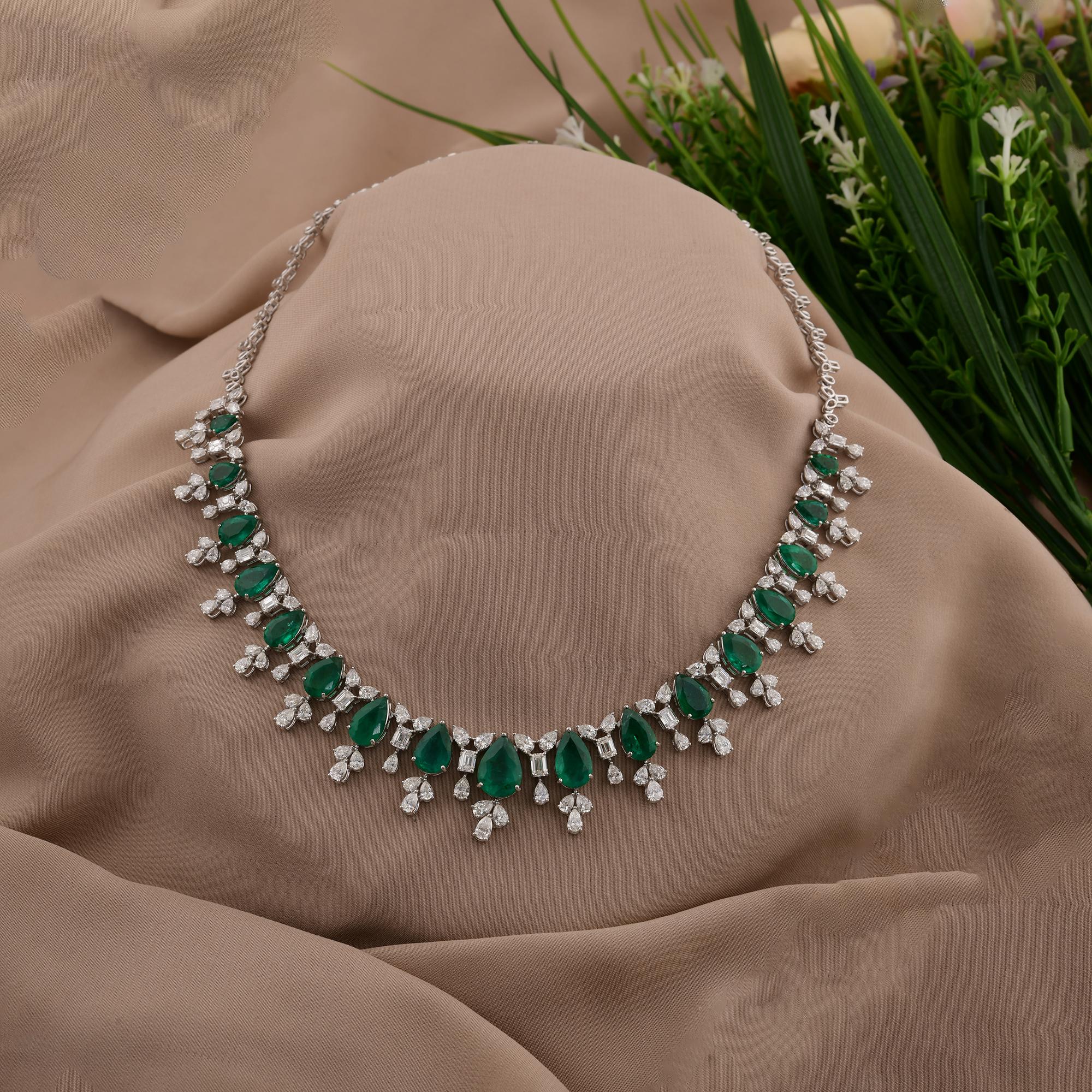 Modern Zambian Emerald Necklace SI Clarity HI Color Diamond 14 Karat White Gold Jewelry For Sale