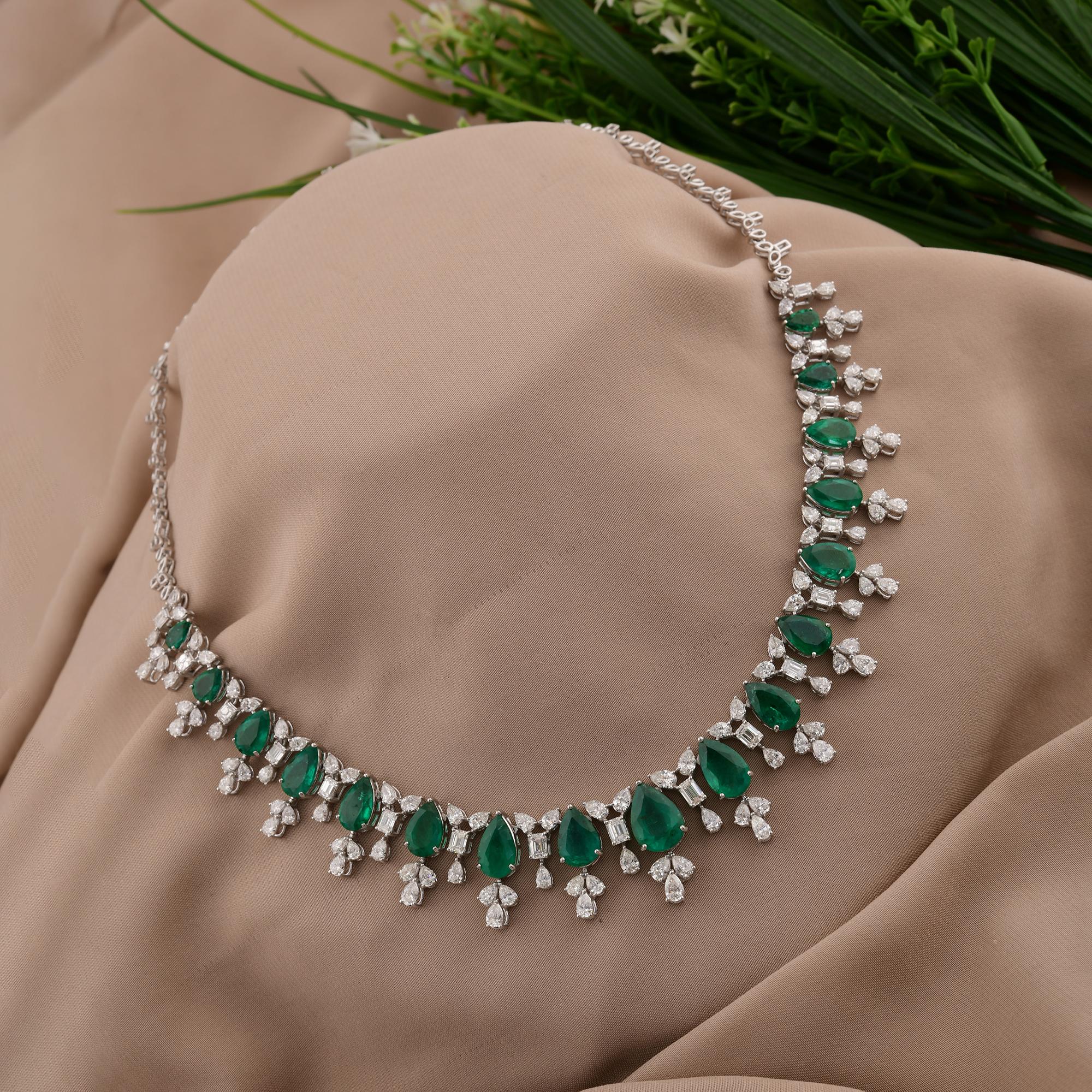 Pear Cut Zambian Emerald Necklace SI Clarity HI Color Diamond 14 Karat White Gold Jewelry For Sale
