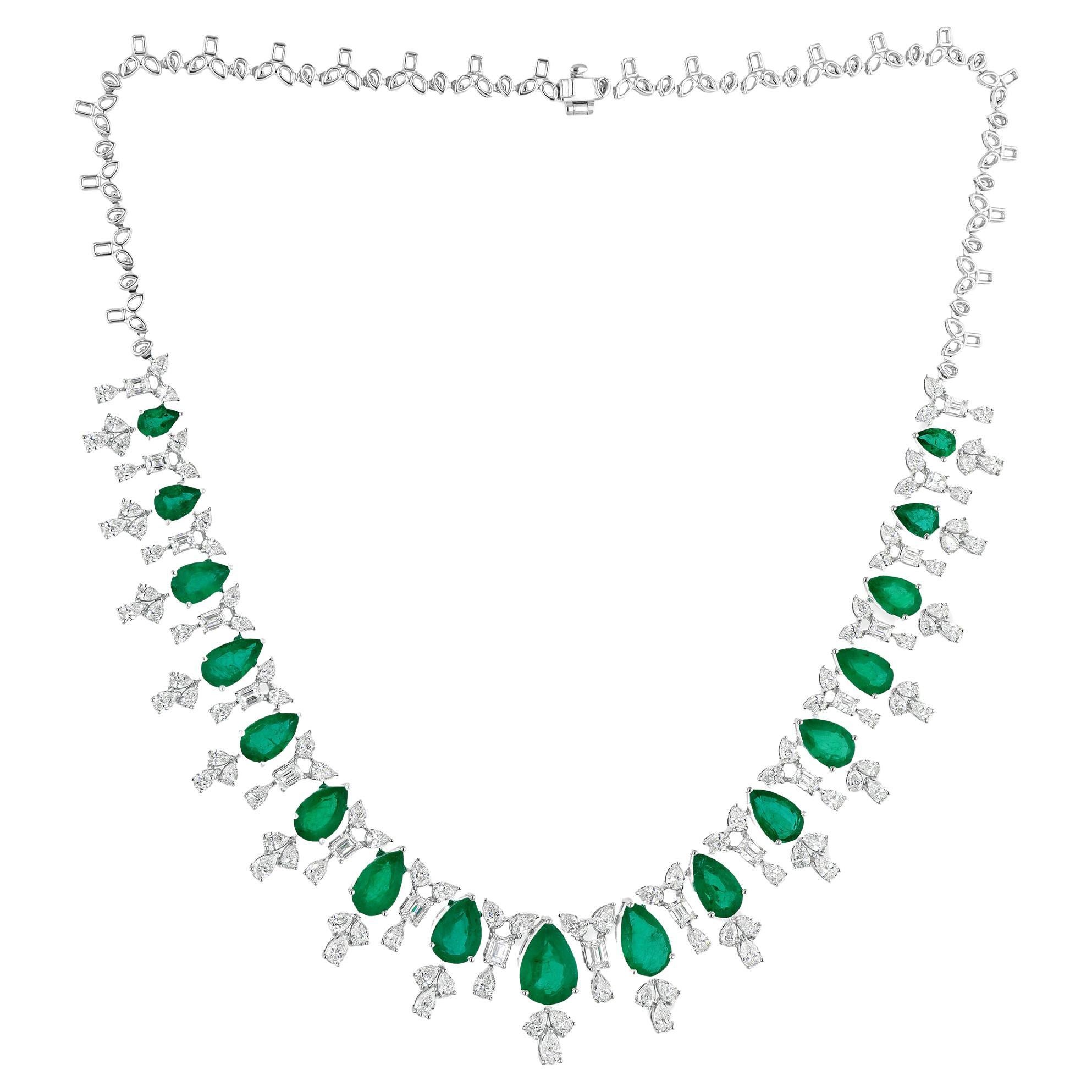 Zambian Emerald Necklace SI Clarity HI Color Diamond 18 Karat White Gold Jewelry