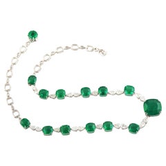 Zambian Emerald Necklace With Pear Shaped Diamonds Made In 18k White Gold