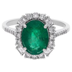 Zambian Emerald Oval Halo Diamond Ring 14 Karat White Gold Engagement Jewelry