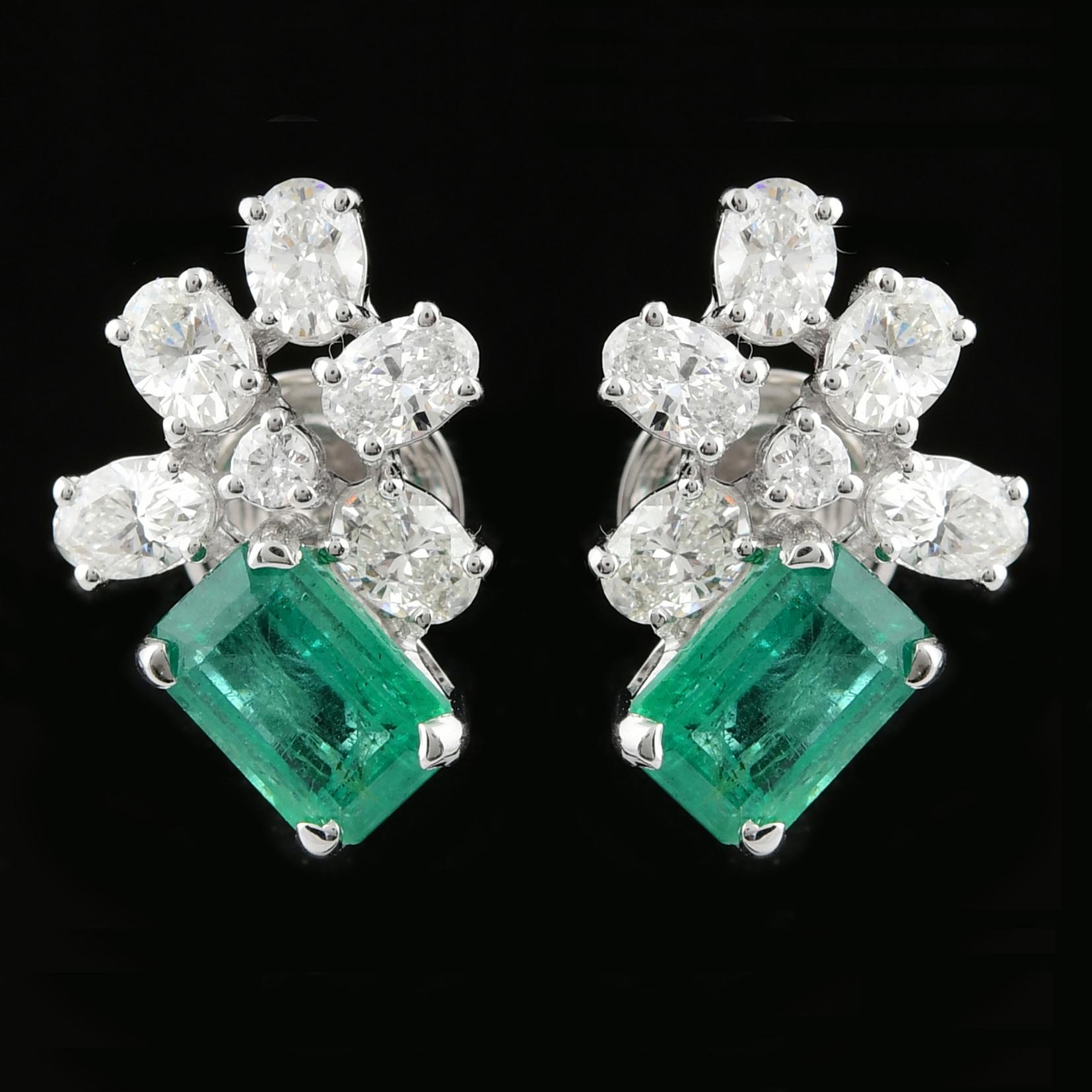 Modern Natural Emerald Oval Shape Diamond Stud Earrings 18 Karat White Gold Jewelry For Sale