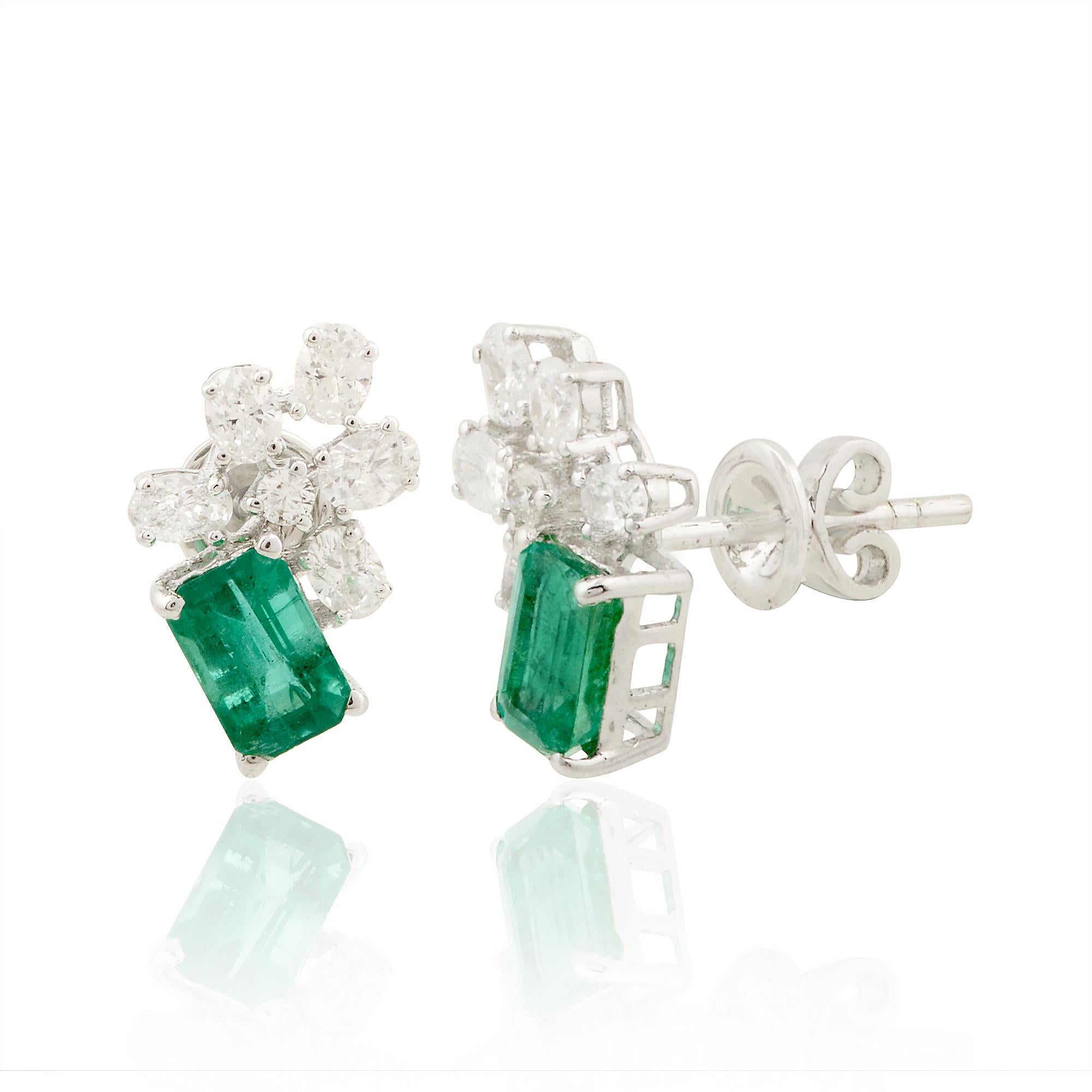 Oval Cut Natural Emerald Oval Shape Diamond Stud Earrings 18 Karat White Gold Jewelry For Sale