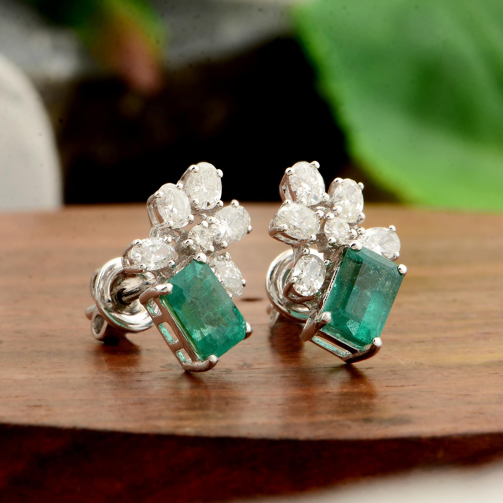 Women's Natural Emerald Oval Shape Diamond Stud Earrings 18 Karat White Gold Jewelry For Sale