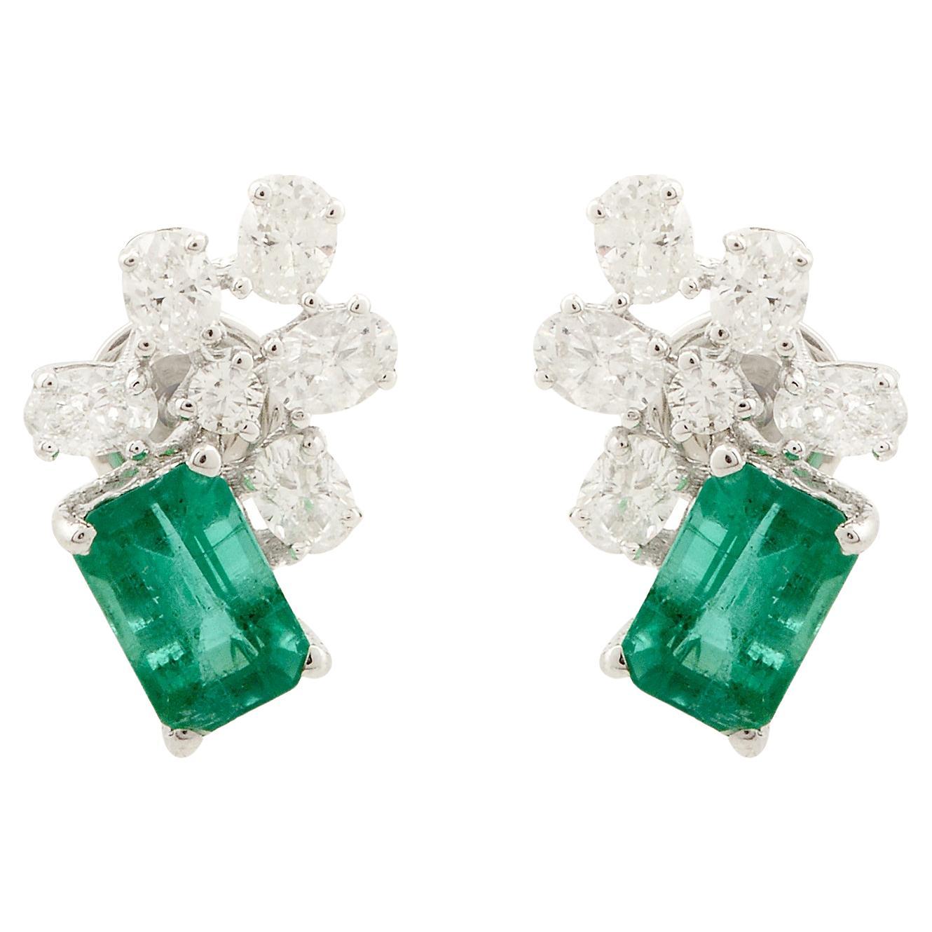 Natural Emerald Oval Shape Diamond Stud Earrings 18 Karat White Gold Jewelry