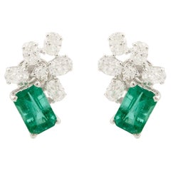 Natural Emerald Oval Shape Diamond Stud Earrings 18 Karat White Gold Jewelry