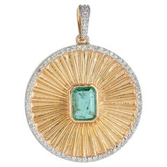14K Gold Zambian Emerald & Diamond Sunburst Medallion Pendant 1.21 Ct