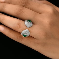 Zambian Emerald Pave Diamond Open Band Cocktail Ring 14 Karat White Gold