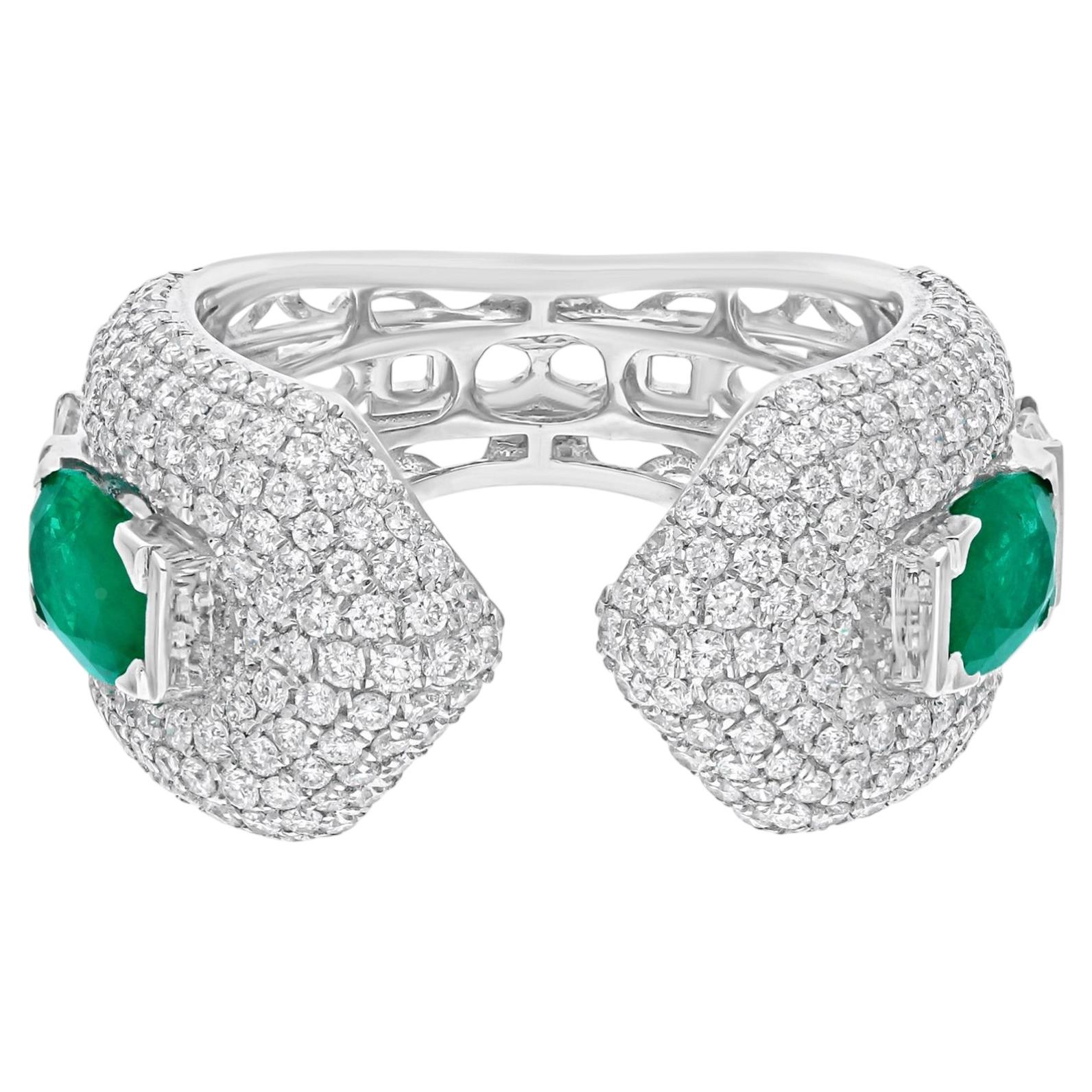For Sale:  Zambian Emerald Pave Diamond Open Band Cocktail Ring 18 Karat White Gold