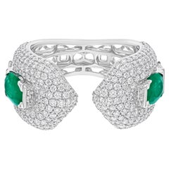 Zambian Emerald Pave Diamond Open Band Cocktail Ring Or blanc 18 carats