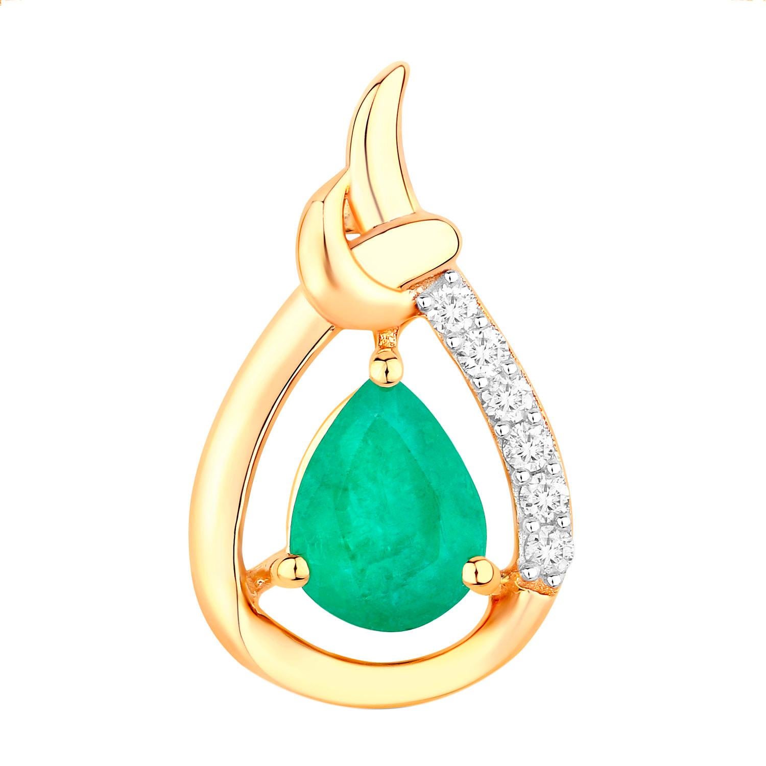 Taille poire Collier pendentif émeraude de Zambie diamants 1,19 carats or jaune 10 carats en vente