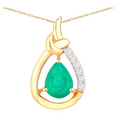 Zambian Emerald Pendant Necklace Diamonds 1.19 Carats 10K Yellow Gold
