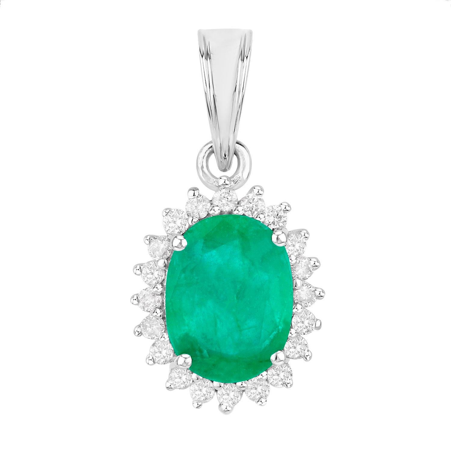 Oval Cut Zambian Emerald Pendant Necklace Diamonds 1.35 Carats 10K White Gold For Sale