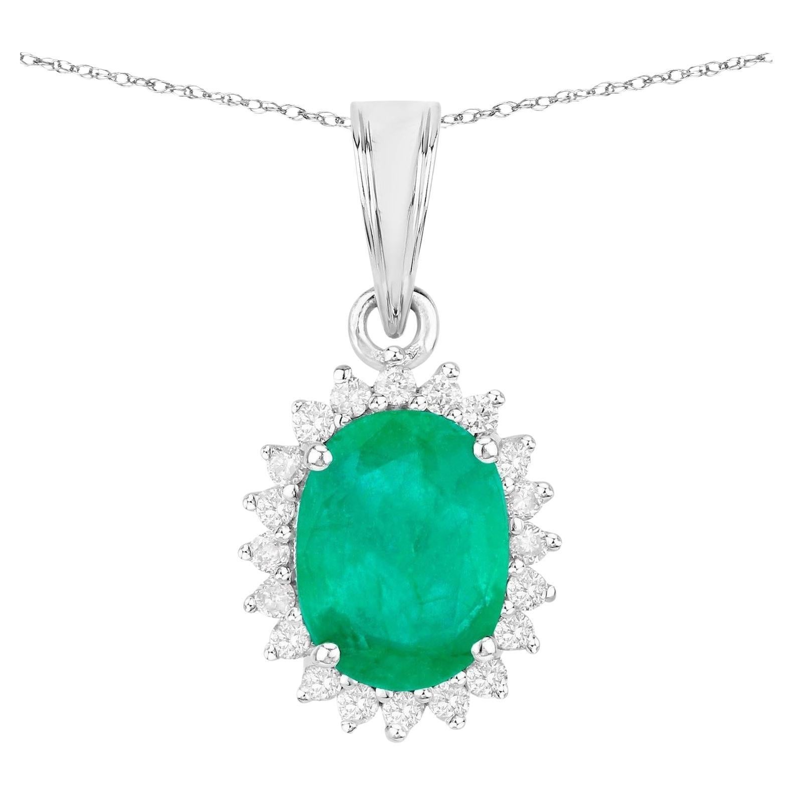 Zambian Emerald Pendant Necklace Diamonds 1.35 Carats 10K White Gold