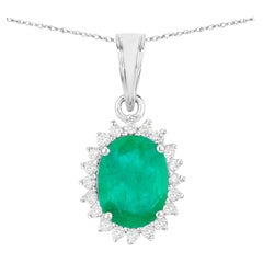 Zambian Emerald Pendant Necklace Diamonds 1.35 Carats 10K White Gold