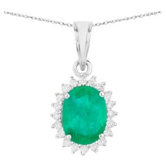Zambian Emerald Pendant Necklace Diamonds 1.35 Carats 10K White Gold