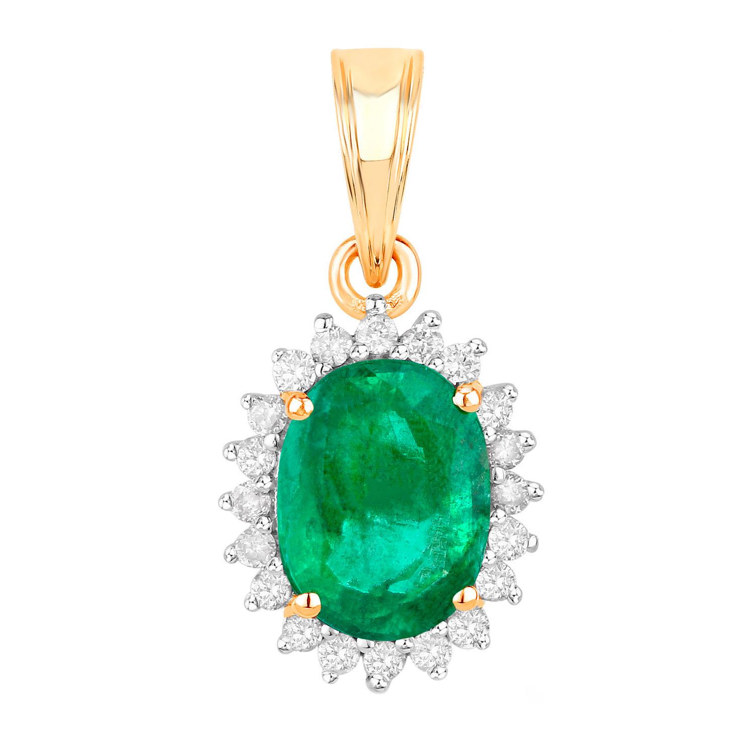 Zambianischer Smaragd-Anhänger Halskette Diamanten 1,35 Karat 10K Gelbgold (Ovalschliff) im Angebot