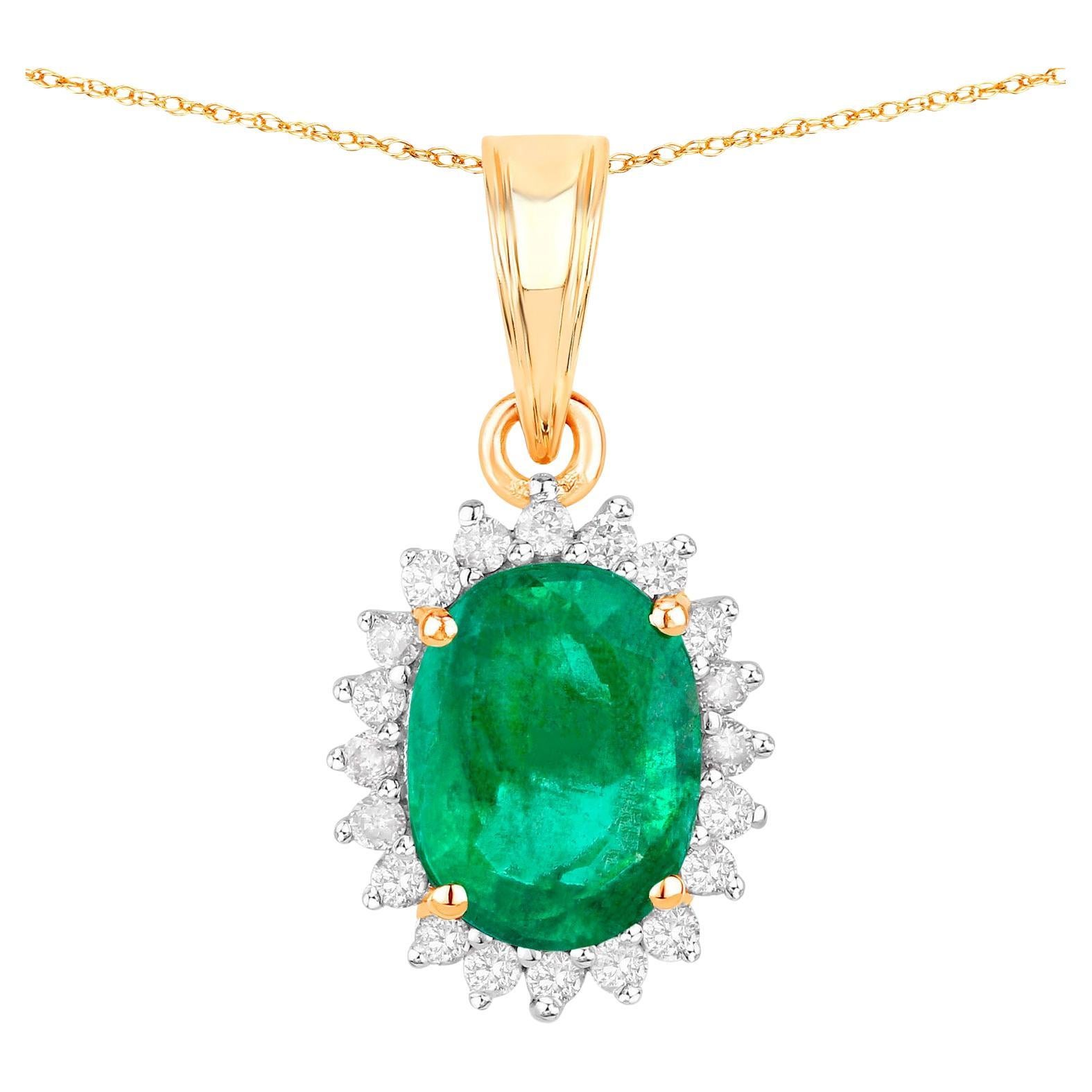 Collier pendentif émeraude de Zambie diamants 1,35 carats or jaune 10 carats