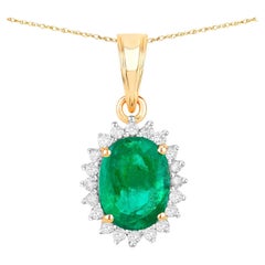 Zambian Emerald Pendant Necklace Diamonds 1.35 Carats 10K Yellow Gold